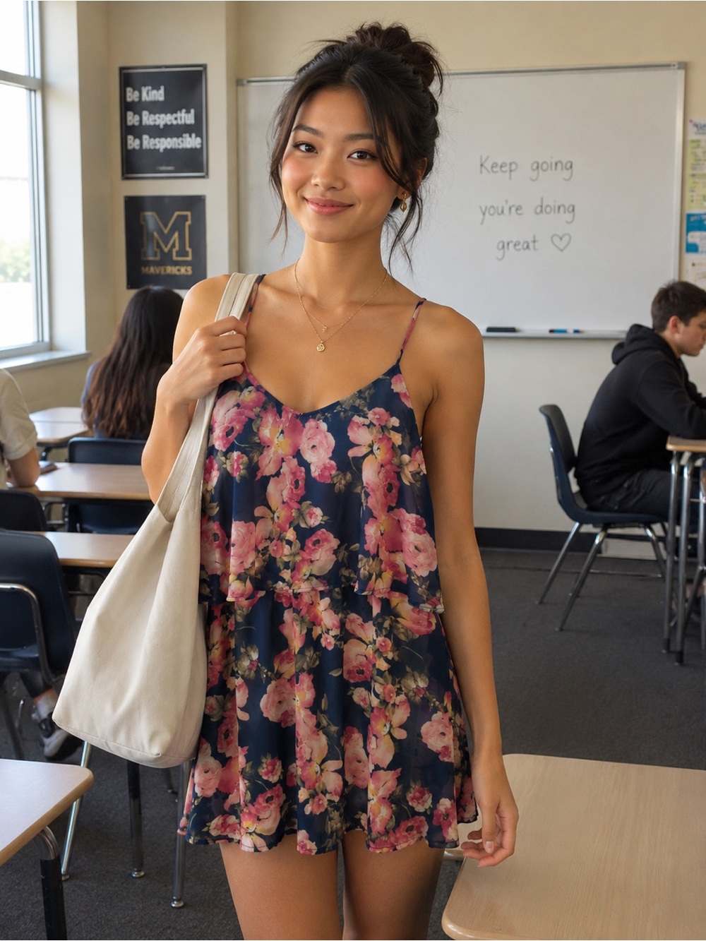 Audrey 3+1 Navy Mini Dress with Pink Floral Print